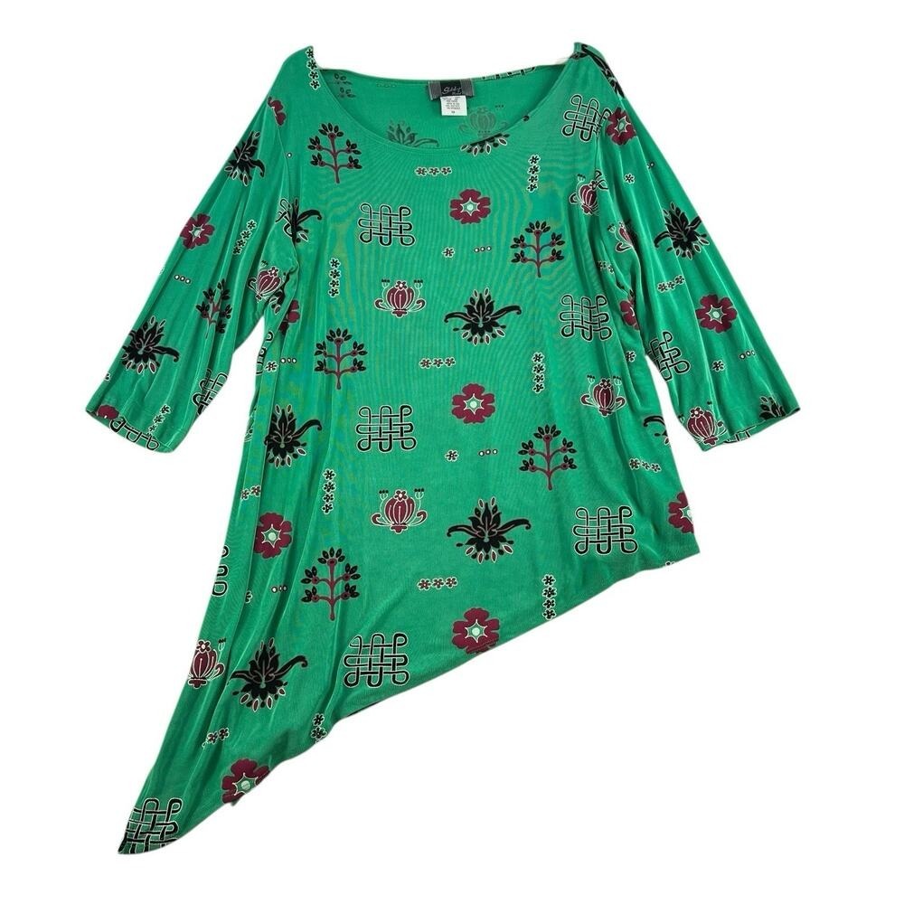 Slinky Brand Plus 1x Tunic Top Asymmetric Geometric Print V-Neck Lagenlook Green